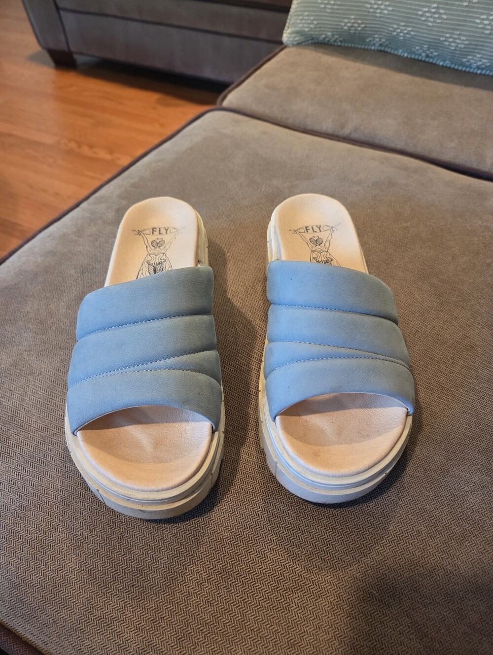 Fly London Light Blue Padded Slide Sandals